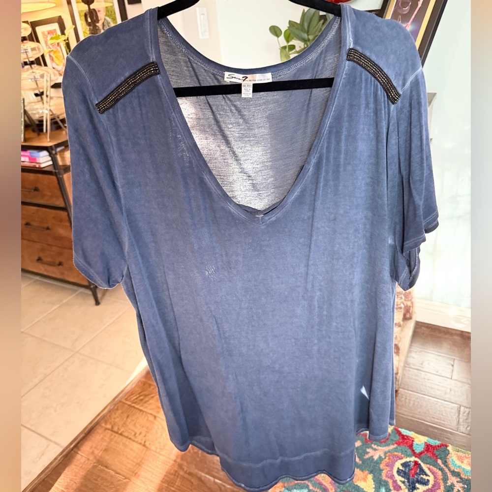 Seven7 Embellished Black Beading Mineral Wash Blue Tee